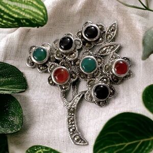 Vintage MC Sterling 925
Bouquet Pin Brooch W/ Marcasite & Colored Stones